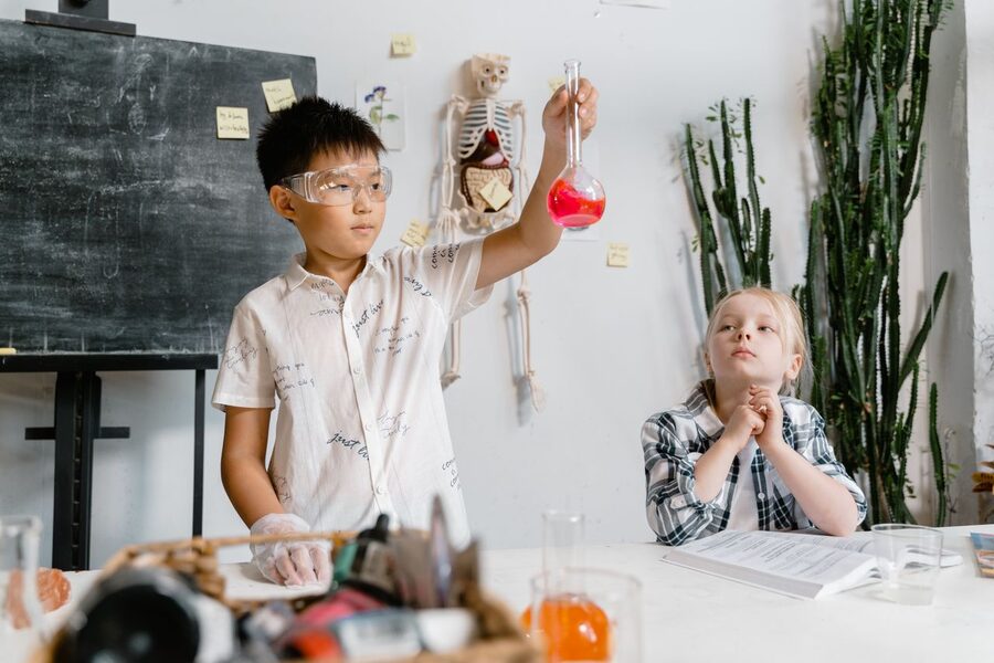 Pupils working in a school science lab